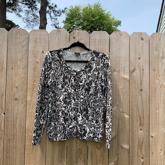 Talbots medium Black Cream Floral Shimmer Gold Women’s Cardigan Sweater - Picture 1 of 7